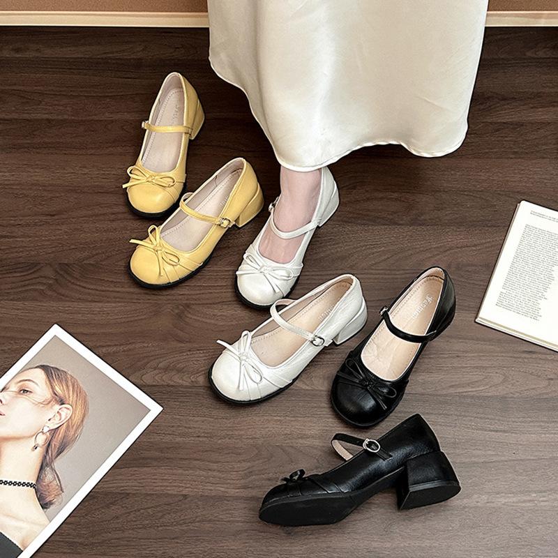 Retro one-word buckle bow Mary Jane shoes women's summer new fashion versatile single shoes small leather shoes