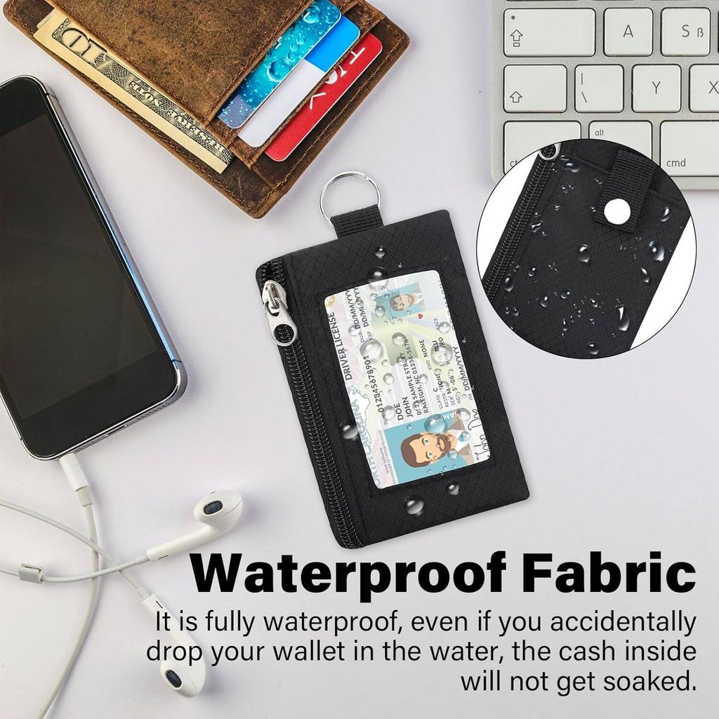 Minimalist RFID Blocking Small Wallet with ID Window Water Resistant Zip Bus Subway Id Case with Lanyard Keychain for Cards Cash Travel