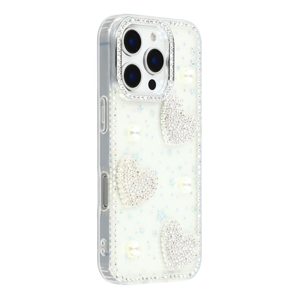 For iPhone 16 Pro Case Rhinestone Edge Pearl Love Decor TPU+PC IMD Phone Cover