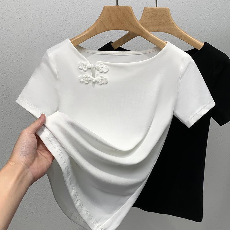 

Футболка с короткими рукавами для женщин, новый стиль женской одежды, однотонный вырез, ретро-топ в китайском стиле 3XL белый