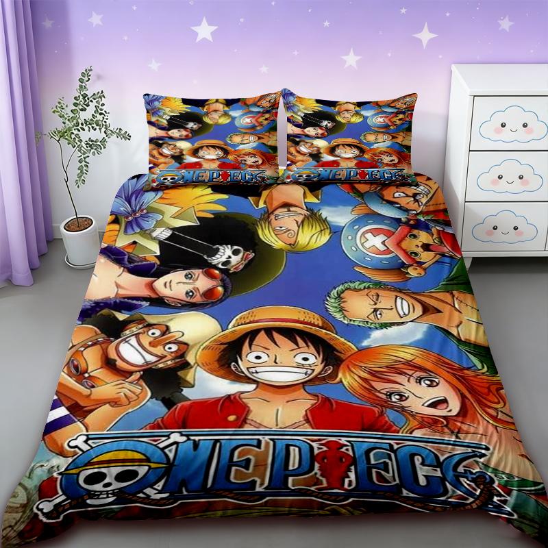 Duvet Cover One Piece Kids Cartoon Luffy Bedding Set with 2 Pillowcases Soft and Cozy Bedroom Bed Decor Teens Boys Best Gifts