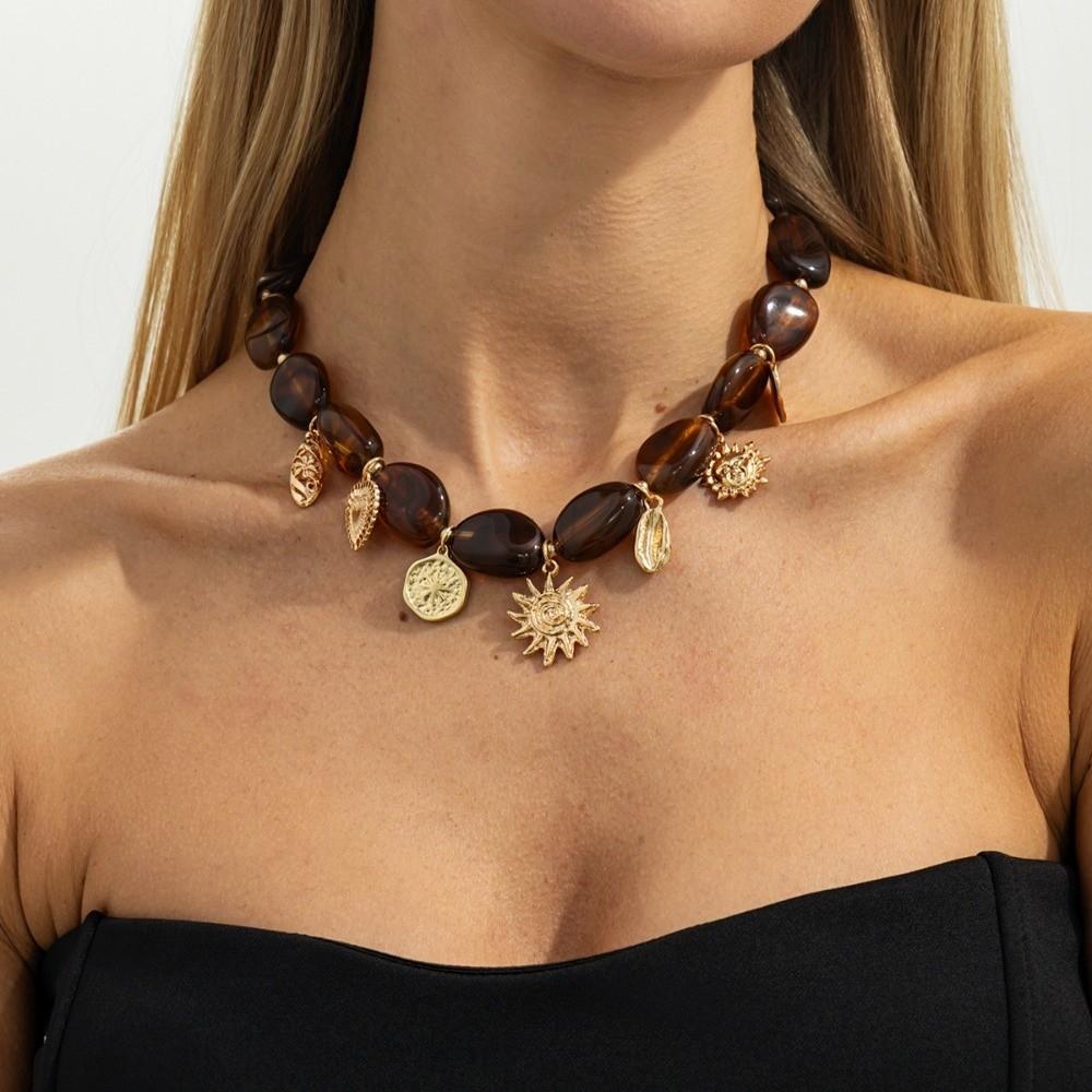 Oval Shape Tiger Eye Pendant Necklace Acrylic Material Choker Necklace  Women s Jewelry Style  D