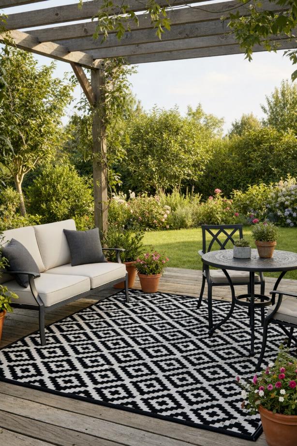 Wasserdichte Terrassenmatte Außenbereich 160x230 cm Schwarz-Weiß Rauten [Teppich2]