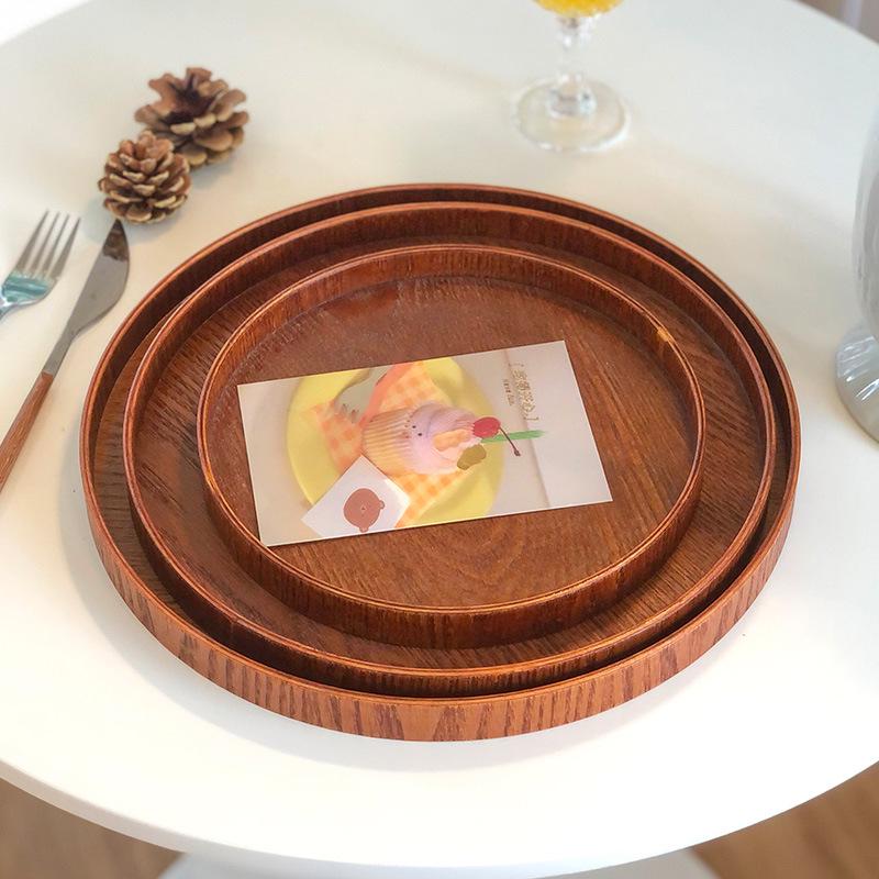 Wooden Retro Cake Stand & Tea Tray - Round Dessert & Storage Plate for Home or Cafe