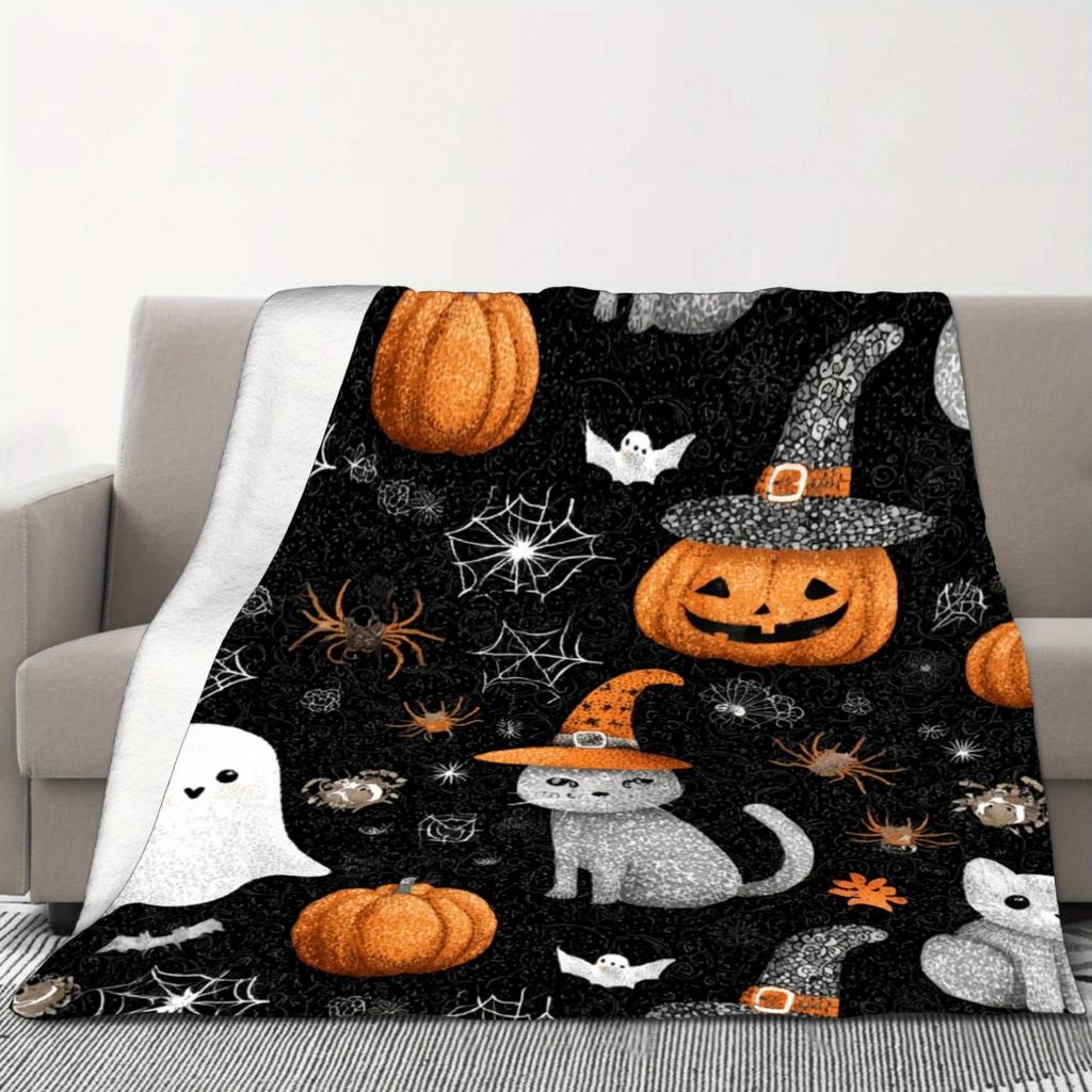 1pc Black Orenge Halloween Blanket Cat Bat Pumpkin Ghost Print Skin-Friendly Soft Blanket 2025 New for Home Sofa Halloween Decor