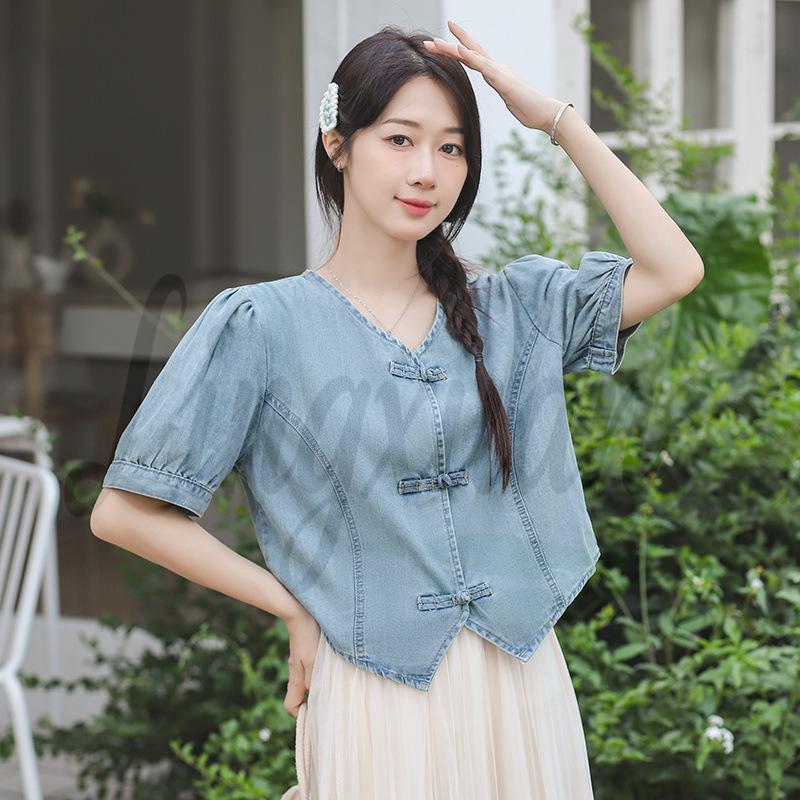 

New Stylish Women s Summer Denim Bubble Sleeve Top Large светло-синий