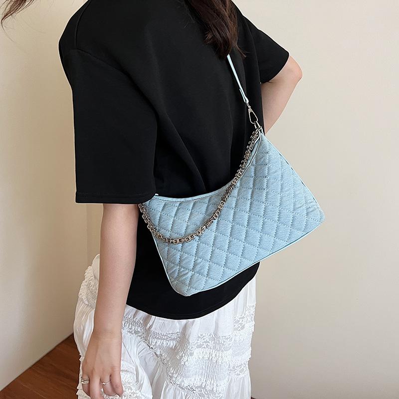 Denim Underarm Bag Women's 2025 New Trend Rhombus Embroidery Thread Chain Single Shoulder Oblique Span Bag Commuter Bag