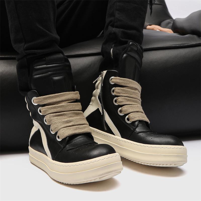 2024 Autumn/Winter Men's Trendy Genuine Leather High-Top Black & White Thick-Soled Boots