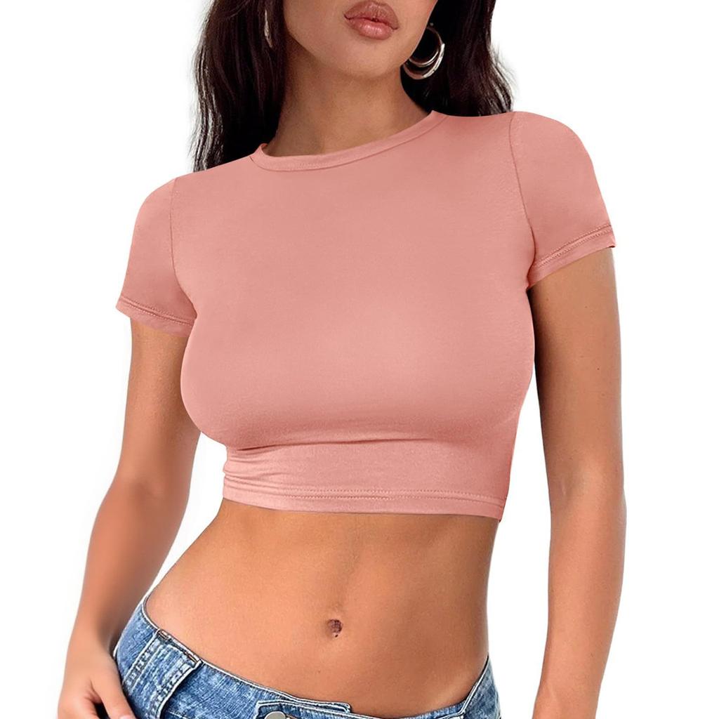 Damenmode Rundhals Halskette T-Shirt Slim Einfarbig Kurzarm Top