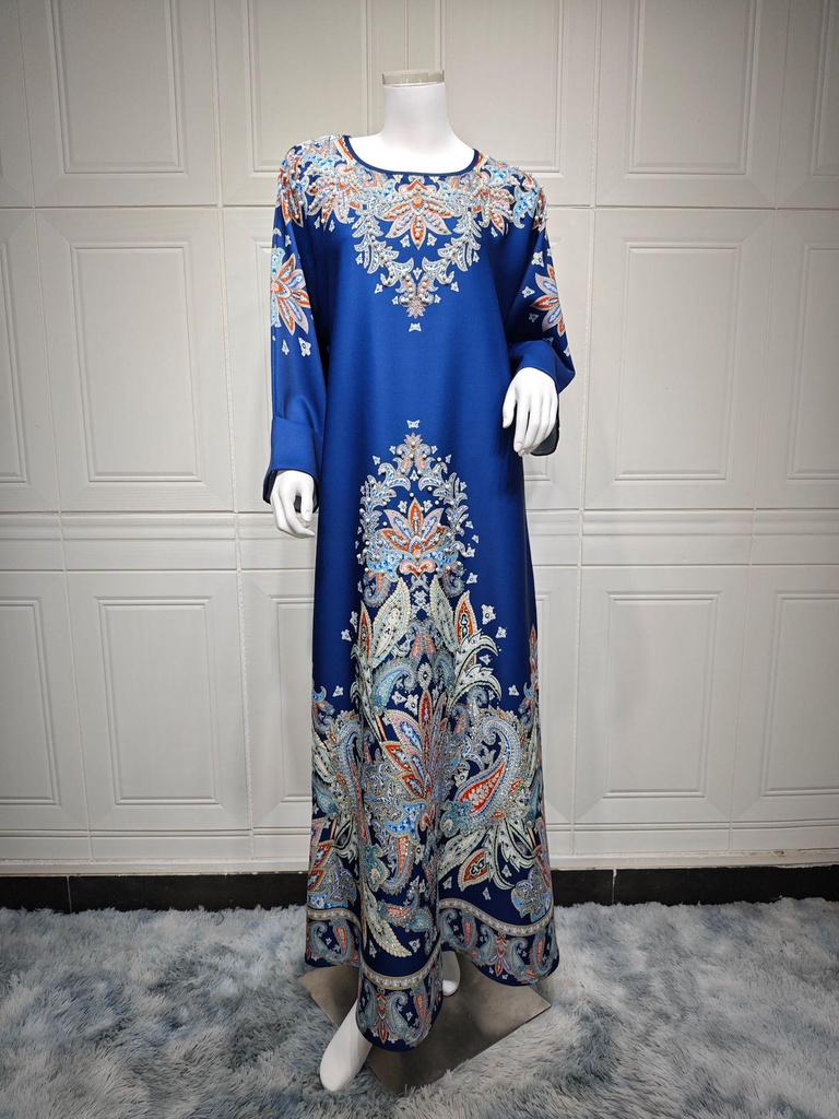 AB400 Muslim Fashion Floral Dress with Hot Drill Embellishments - Middle Eastern Style Robe for Women