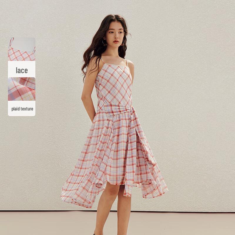 

INMAN Fresh Plaid Lace Trim Camisole Dress L