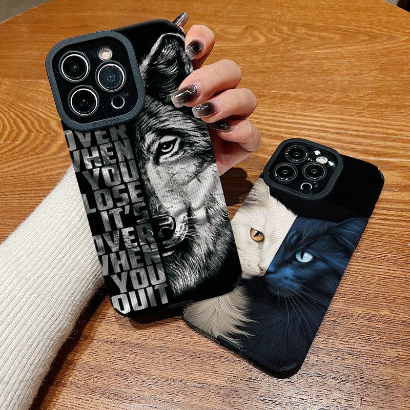 Handyhülle aus Leder mit vertikaler Maserung, Wolfskatze-Druck, weiches Silikon, Rückseite, mit vollem Kameraschutz für Samsung