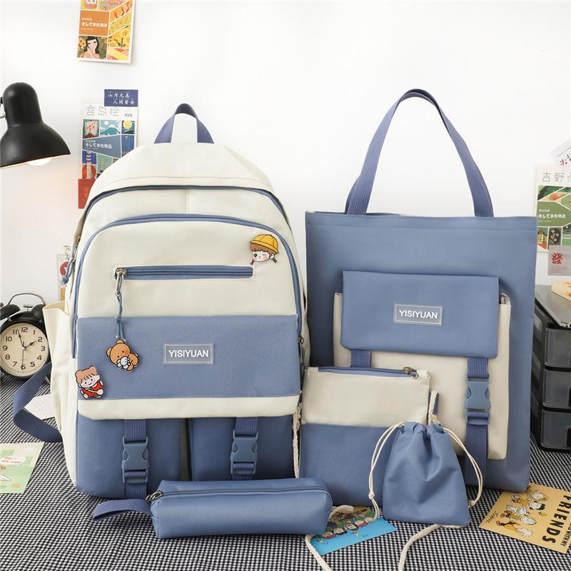 School Bag New Five-piece Set, Primary School Students, Middle School Students, School Bags, Women's Contrasting Colors