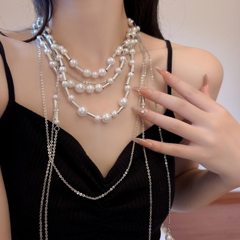 Layered Pearl Tassel Necklace Women Vintage Long Pendant Chain Statement Collarbone Jewelry 2025 Imitation Pearl Tassel Necklace 2025-478