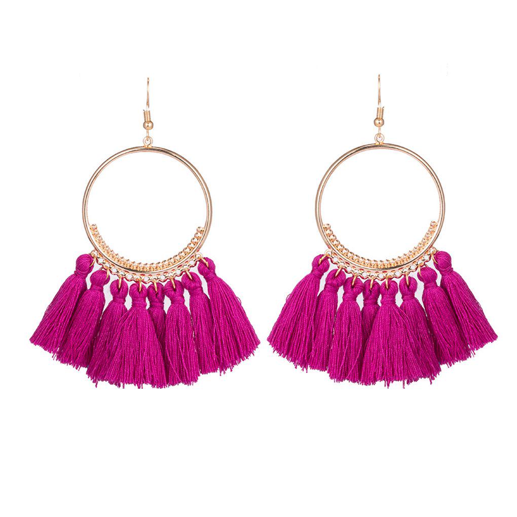 

1 Pair Golden Round Pendant Tassel Earrings Bohemian Fringed Fabric Earrings for Women Jewelry Gift рожевий червоний колір