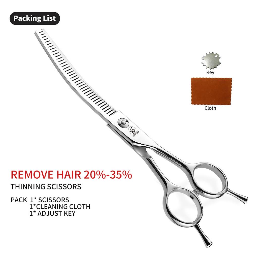 Sangelar 7 inch Silver Professional Pet Grooming Thinning Curved Scissors (Two Thinning Levels Available, Dual-Sided Use)