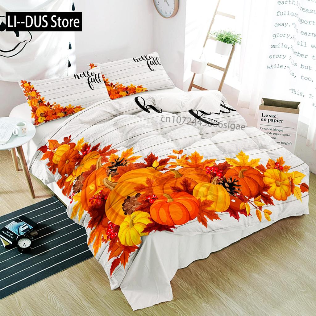 Autumn Pumpkin Duvet Cover Full Size 3 Pcs Watercolor Orange Maple Leaves Bedding Set For Kids Teens Adults With 2 Pillowcases