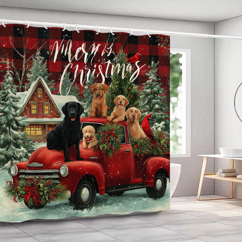 Liebevoller Weihnachts-Duschvorhang für Katze und Hund mit Haken Weihnachts-Duschvorhang Zuhause zum Drucken Weihnachtsdekorationsvorhang