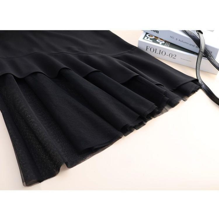 Damska Czarna Spódnica Midi Wiosna/lato/jesień Spódnica Rybi Ogon Styl Średni do Długiego Wysoki Stan Spódnica z Siateczki Patchworkowa