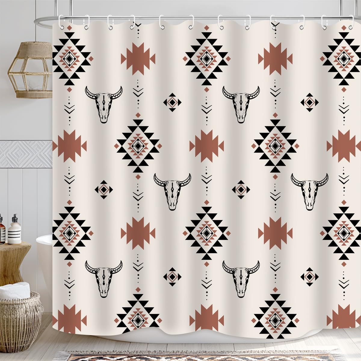 

Western Aztec Shower Curtain Vintage Boho Head Geometric Rustic Native American Tribal Abstract Beige Bathroom Decor Polyester W60H190(CM)-1 Pcs
