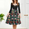 Women's Fashion Round Casual Slim Fit Christmas Print Large Swing Long Sleeve Dress
