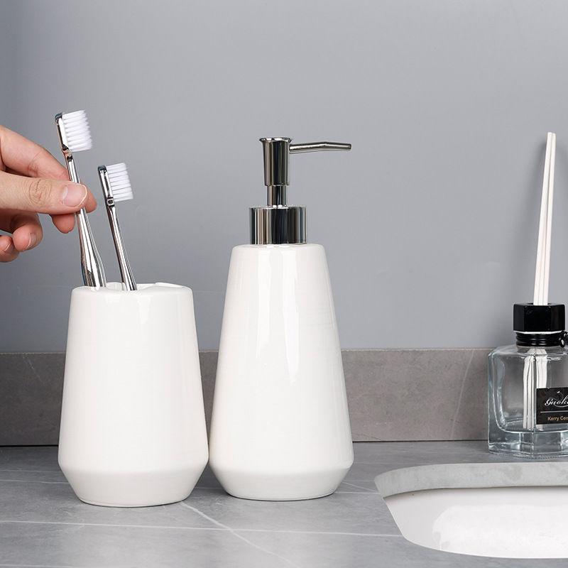 Pure White Ceramic Lotion Bottle Toothbrush Holder Mouthwash Cup Soap Dish Bathroom Accessories Hotel Portable Dispensing Bottle