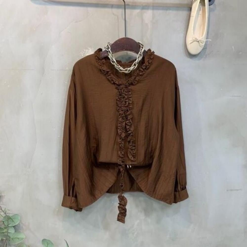 C S In The Room Hem Frill Pleat V neCk Long SleeVe blouSe 4Color