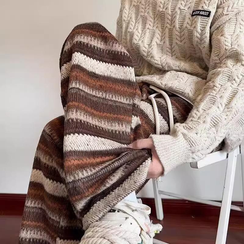 2025 Women's High Waist Retro Wool Striped Wide Leg Pants - Casual, Slimming, and Loose Fit