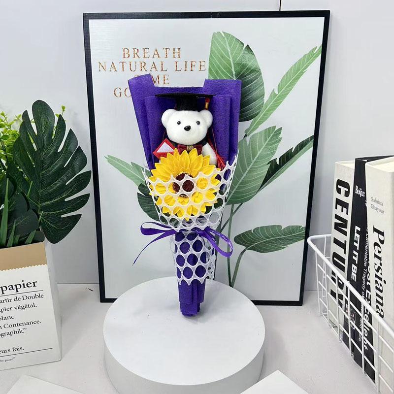 1Pc Graduation Bouquet Student Gift Crochet Flower Mini Party Decor DIY Little Bear Plush Toy Sunflower