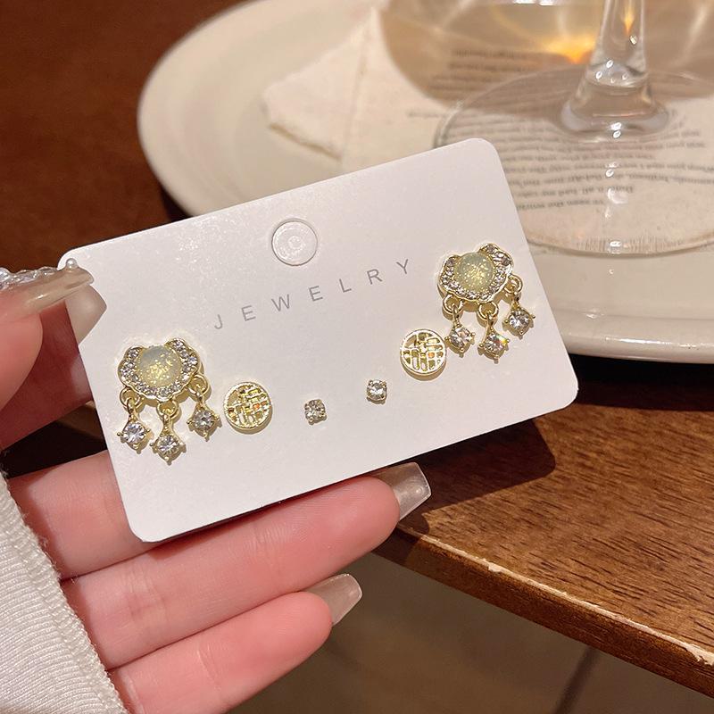 Exquisite Cat's Eye Stone Peace Lock Earrings: Six-Piece Set for Women - New Chinese Retro Style with Fashionable Elegance