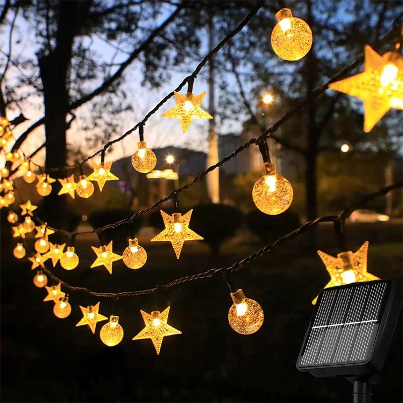 Outdoor Solar Bubble Ball Star String Lights Waterproof LED Lights for Patio Party Wedding Holiday Christmas Garden Decorations