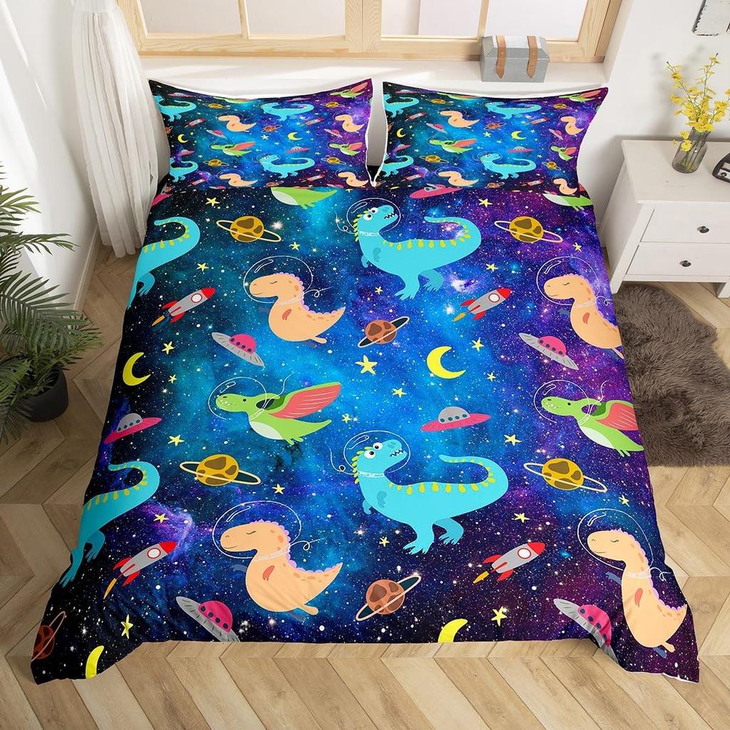 Dinosaur Duvet Cover Set Queen Twin Size,3Pcs Cartoon Dino Print Bedding Set for Kids Boys Room,Soft Microfiber Comforter Cover
