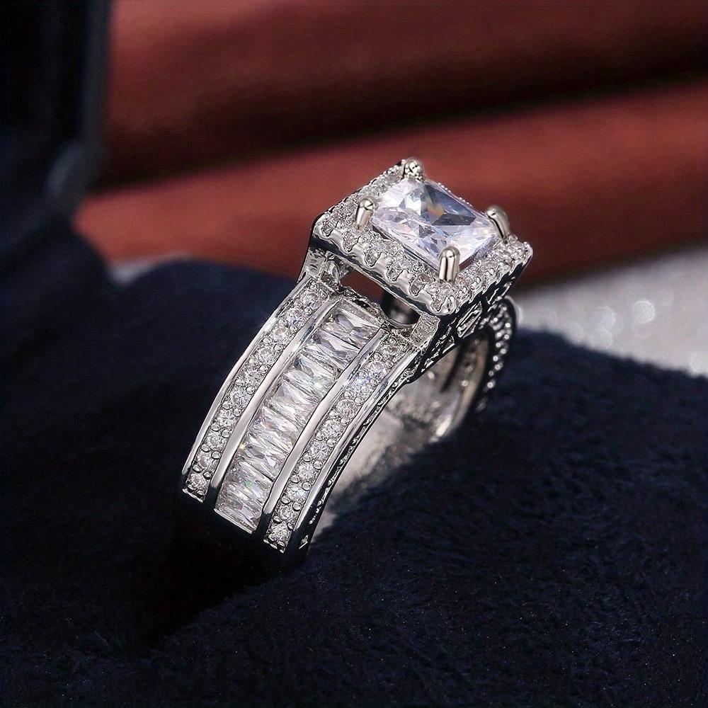 Silver Sparkling Diamond Square Ring, Light Luxury Engagement Accessory, Versatile And Fashionable Women'S Ring For Daily Use