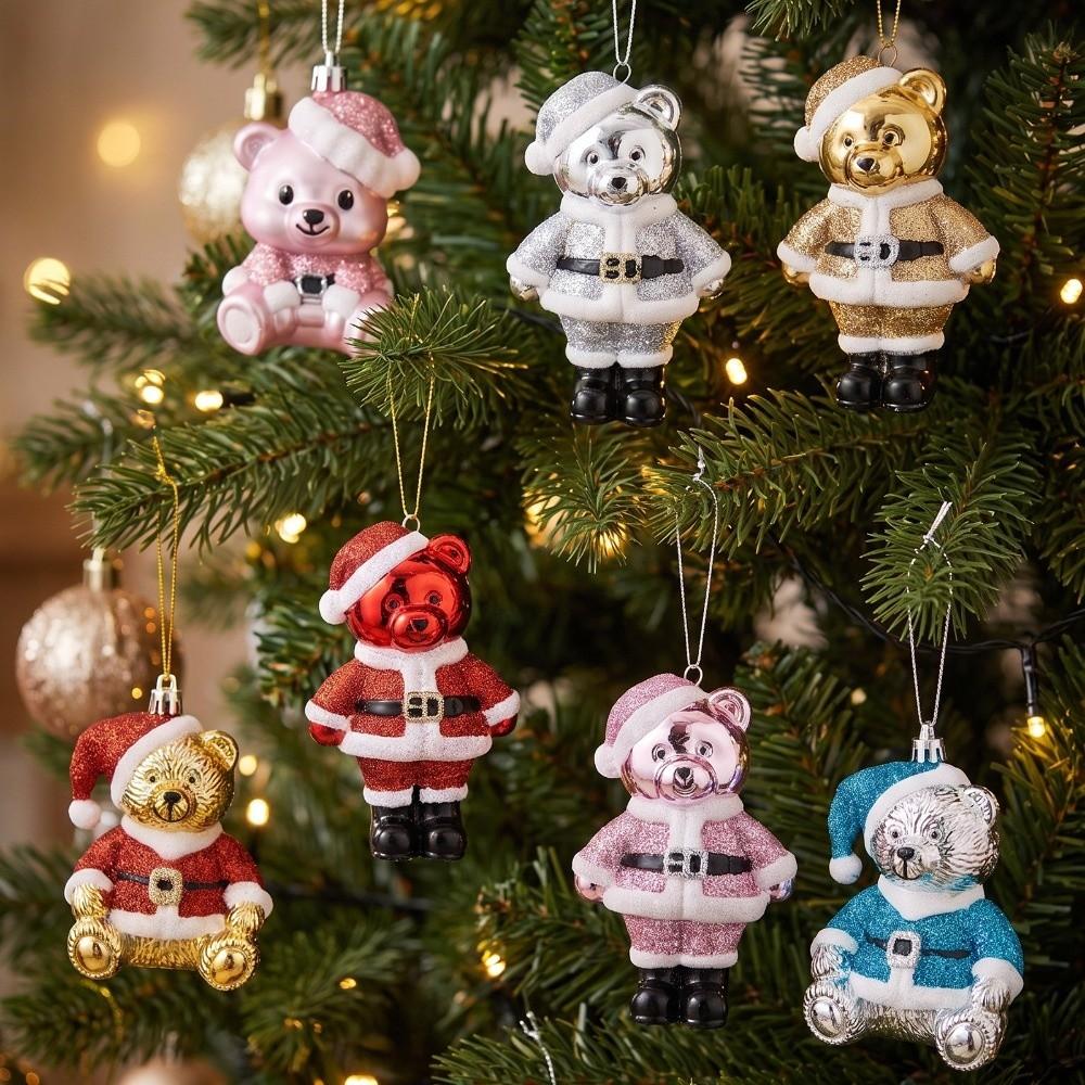Electroplated Finish Christmas Bear Ornament Glitter Coated Xmas Tree Charm Window Display