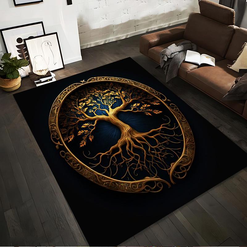 

Golden Tree of Life Design Carpet with Ornate Frame on Dark Background Suitable for use as an anti-slip for living room bedroom sofas 40x60cm( 15x23in )