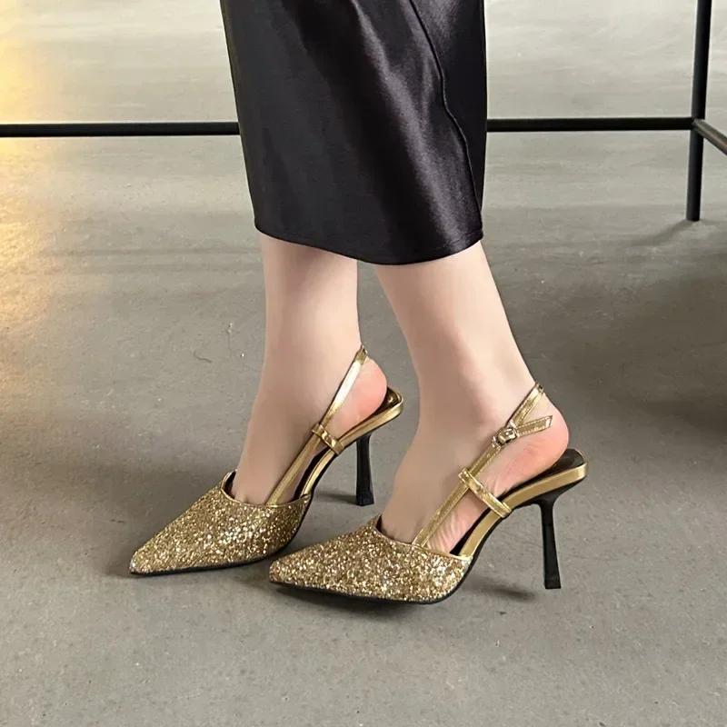 2025 Luxury Bling Design Mules Sandals Women Sexy Pointed Toe Thin High Heels Summer Back Strap Banquet Dress Shoes Women Pums