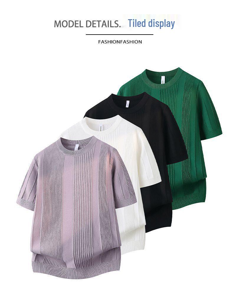 2026 Men's Slim Fit Vertical Stripe Ice Silk Round Neck T-Shirt