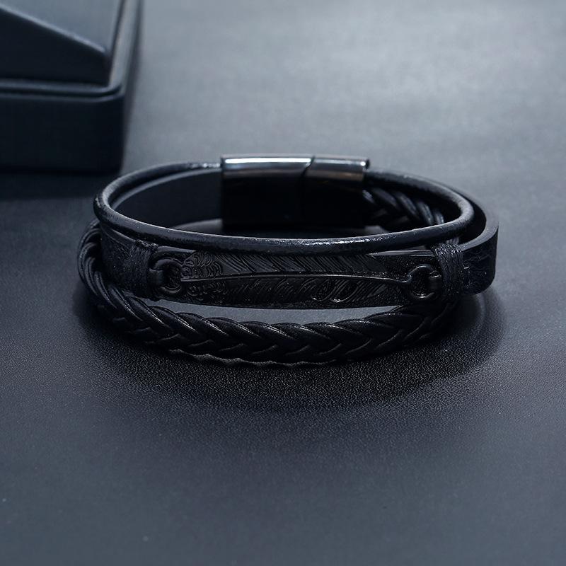 Stainless Steel Clasp Leather Braid Charm Feather Bracelet Fashion Bracelets for Men and Women