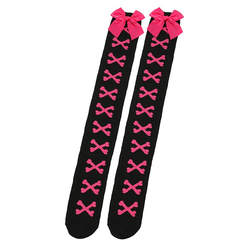 1 Paar Mädchen Schwarz Süß Niedlich Rosa Y2K Harajuku Lolita Oberschenkelhohe Strümpfe Mädchen Knochen Schleife Socken Streetwear