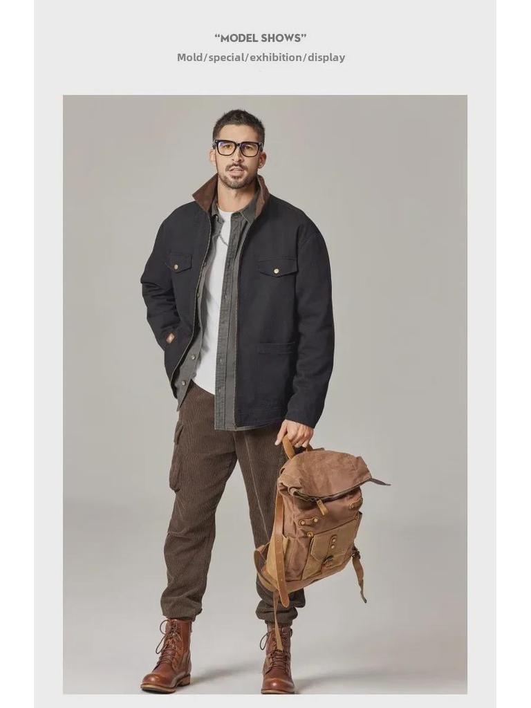 Men's Detroit Retro Coach Jacket: Heavy Washed Lapel Coat for Spring and Autumn