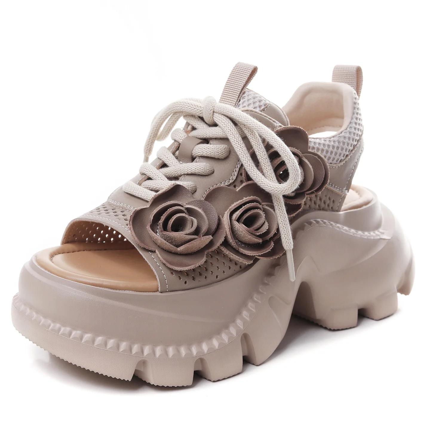

High Quality 7CM Cow Genuine Leather Women Flats Pumps Peep Toe Flower Platform Wedge Ladies Hollow 2025 Summer Fashion Sandals 39