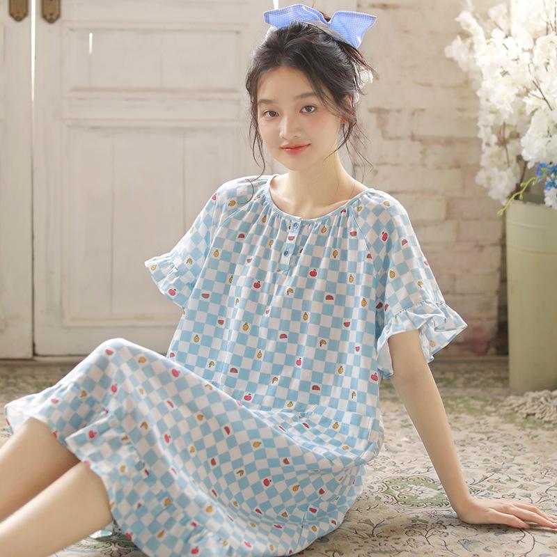 Summer New Pajamas Women's Pure Cotton Cotton Yarn Sweet Girl Summer Thin Can Wear Printed Home Nightdress 10