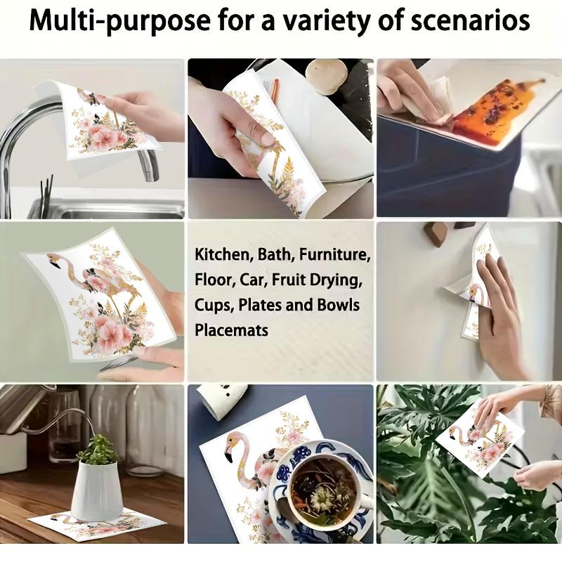 Cleaning Cloth Reusable Kitchen Dish Towels Eco-friendly Microfiber Floral Flamingo Print Dishcloths Lint Free Washable Duster Rags Tea Towels 9*7inch
