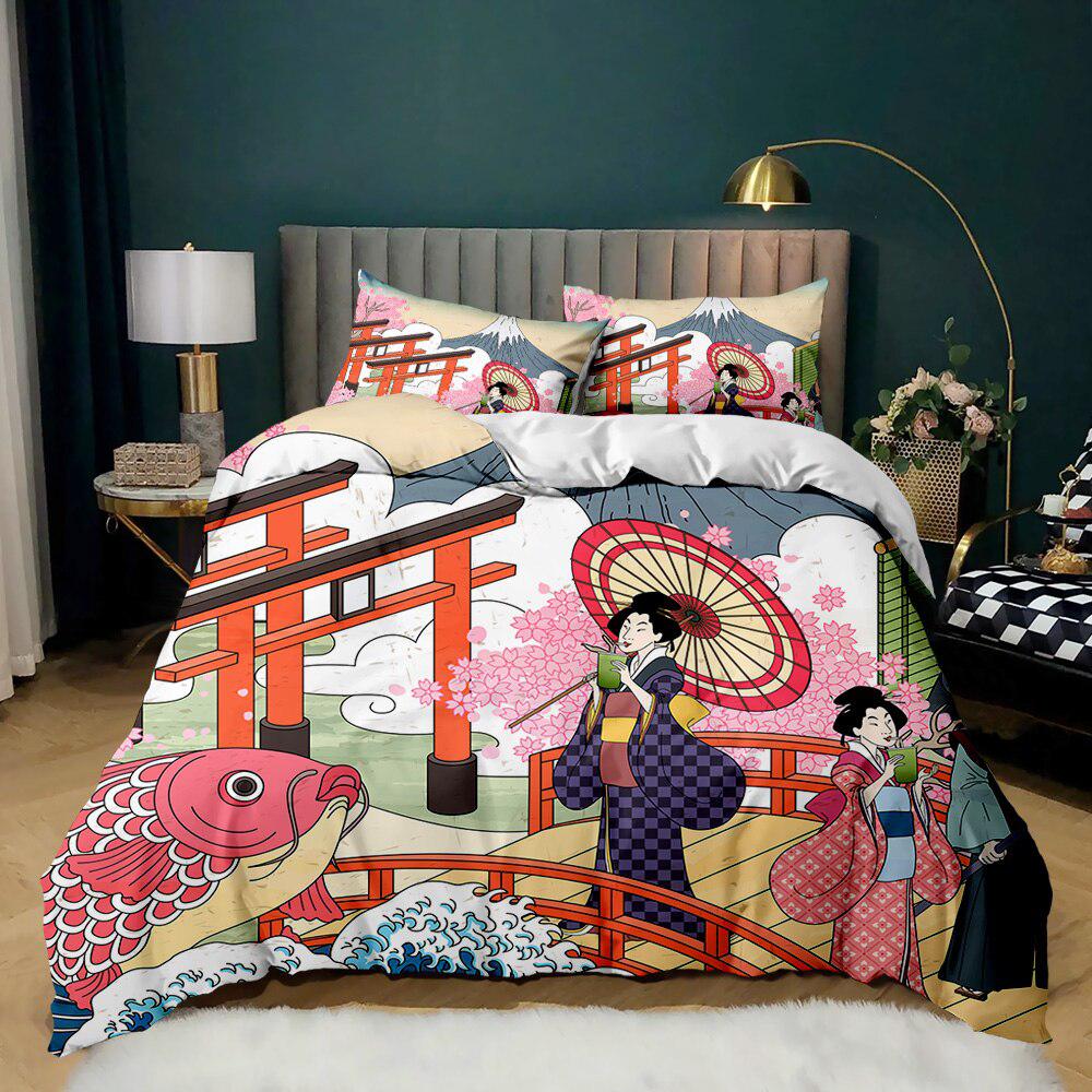 Cherry Blossom Duvet Cover Set, Pink Floral Bedding Set Queen Size,Japanese Decor Comforter Covers for Girls Women All Season
