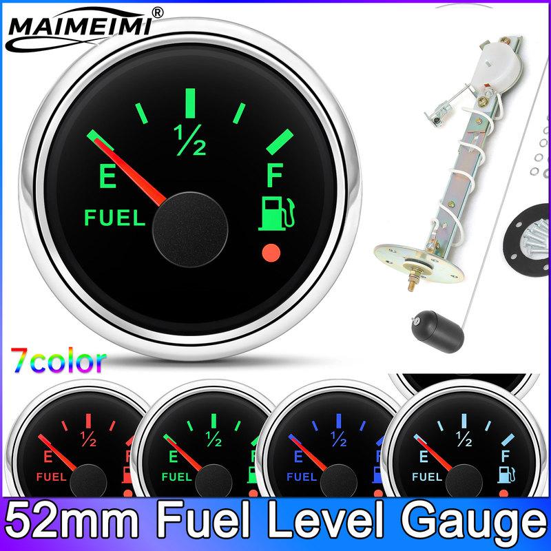 52mm Fuel Level Meter 7 Color Backlight Indicator Gauge 0-190ohm Signal with Alarm 12V 24V Volts Waterproof for Car Boat