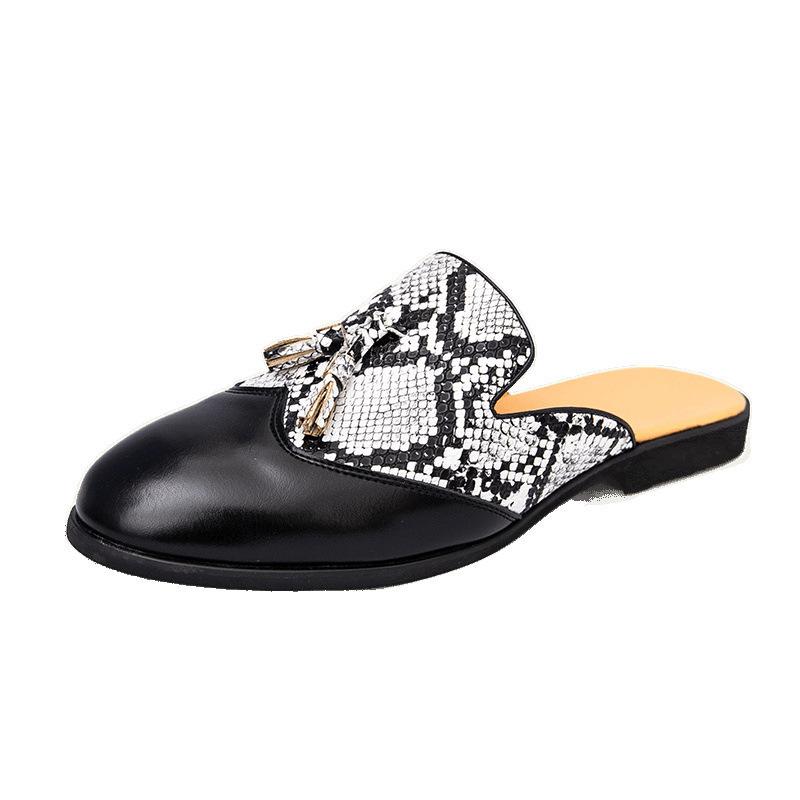 Large Size Half-drag Leather Shoes Men's Muller Lazy Shoes Gingham Men's Fringed Casual Shoes Trendy British Bag Head Drag