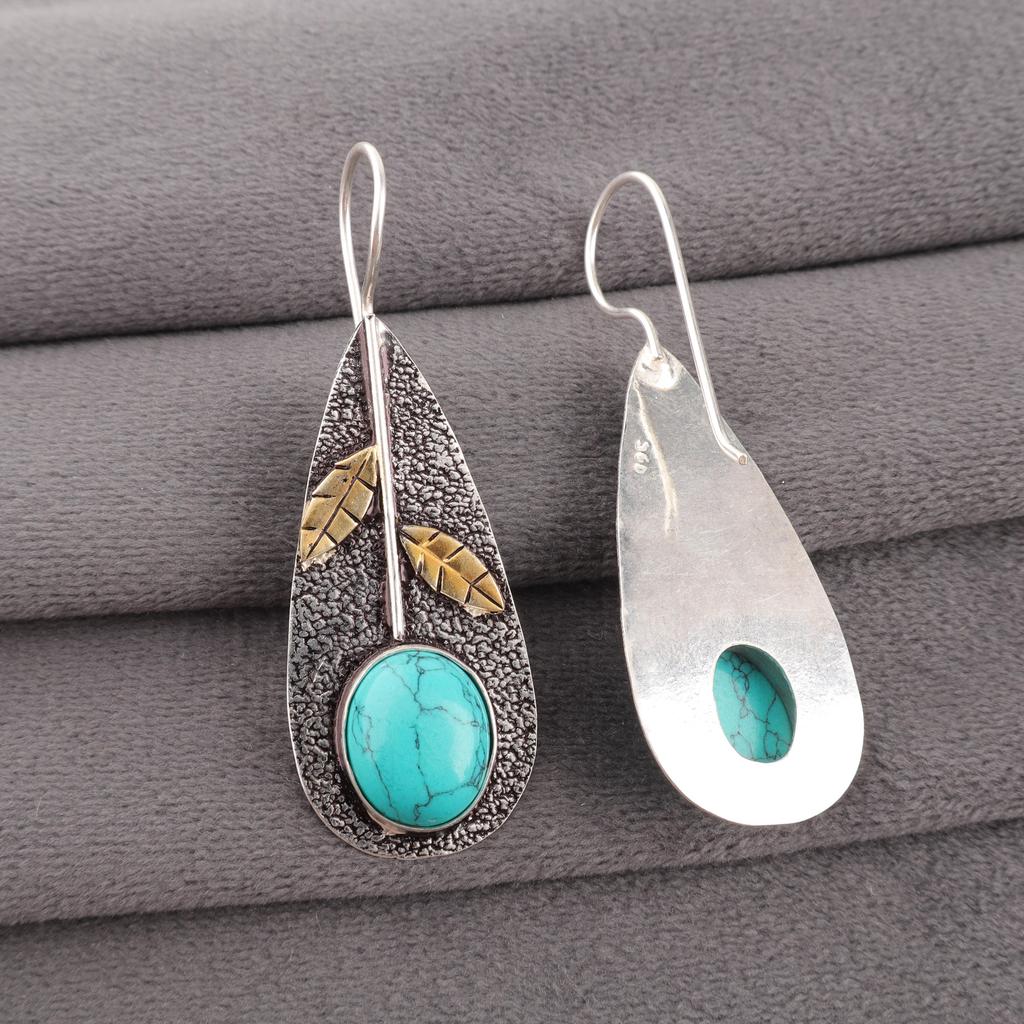 Blue Turquoise Handmade Gemstone Earrings, 925 Solid Sterling Silver Antique Jewelry Earrings, For Engagement Gift