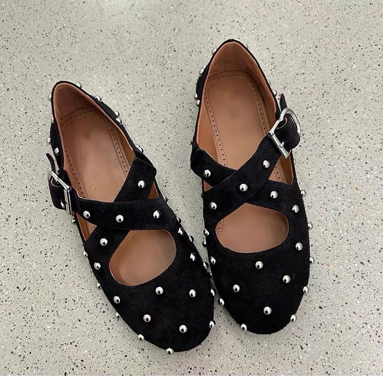 Cowhide version~ Rivet cross one-word buckle flat-soled ballet shoes for women's 2025 new Korean version of round-headed grandma shoes