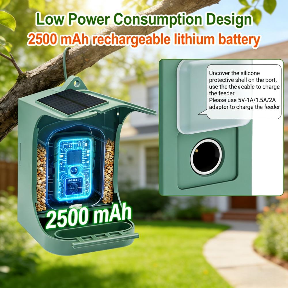 Smart Feeder with Camera Solar Powered, 2K HD Video 24MP Photo Night Vision, Dual Food Troughs for Hummingbirds & Wild Bird