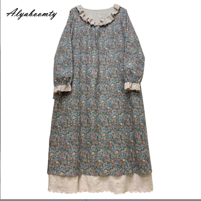 Japanisches Mori-Mädchen Frühling Herbst Damen Midikleid Rüschenkragen Blumendruck Patchwork Retro Kleid Vintage Baumwolle Leinen Stickerei Aushöhlen Kleid